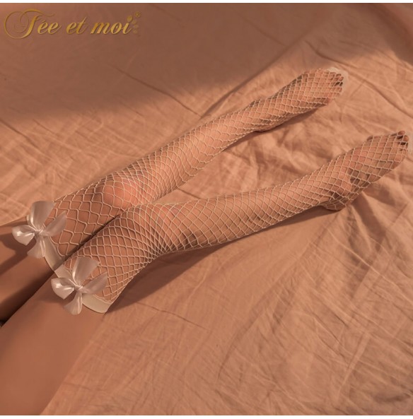 FEE ET MOI Bow Thigh High Net Stockings (White)